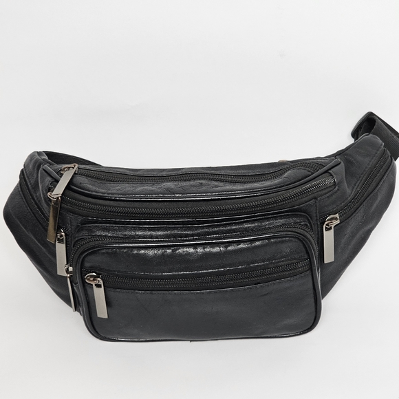Vintage Black Leather Waist Bag with Adjustable Nylon Belt, Push Buckle, EUC - Picture 1 of 8